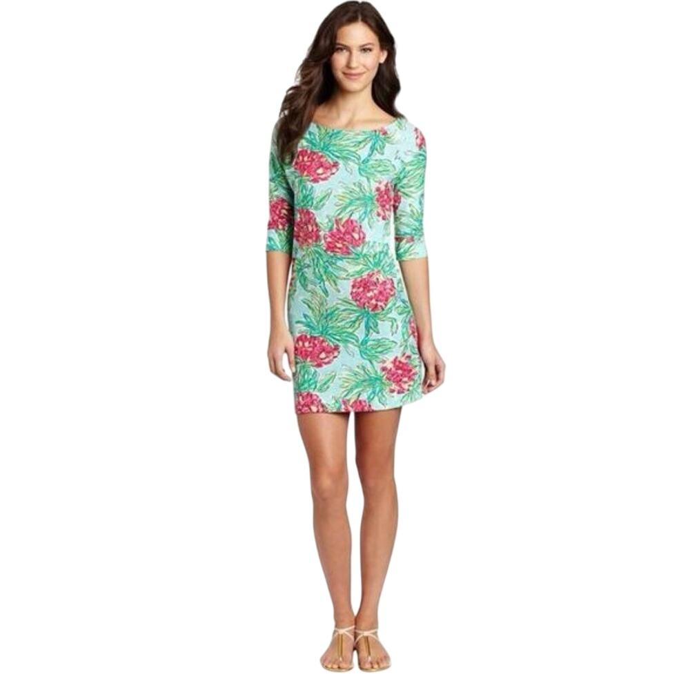 Lilly Pulitzer Spike the Punch Cassie Slub Cotton 3/4 Sleeve Dress S Pineapple